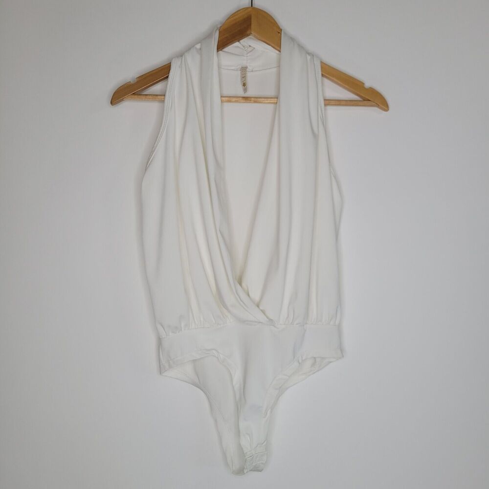 LUCY IN THE SKY White Drape Front Bodysuit Size M Deep V Neck